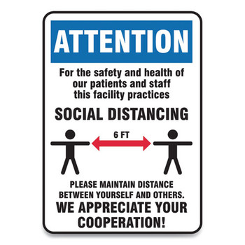 Social Distance Signs, Wall, 14 X 7, Patients And Staff Social Distancing, Humans/arrows, Blue/white, 10/pack