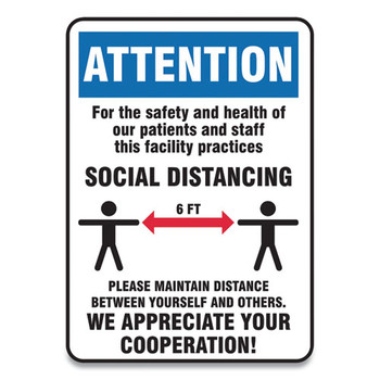 Social Distance Signs, Wall, 10 X 7, Patients And Staff Social Distancing, Humans/arrows, Blue/white, 10/pack