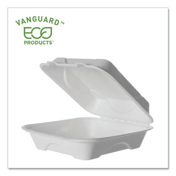 Vanguard Renewable And Compostable Sugarcane Clamshells, 1-compartment, 8 X 8 X 3, White, 200/carton