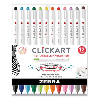 Clickart Porous Point Pen, Retractable, Fine 0.6 Mm, Assorted Ink Colors, White Barrel, 12/pack