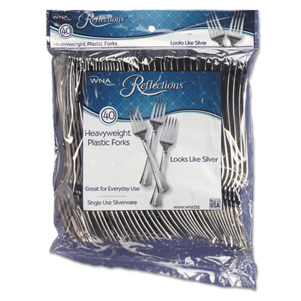 Reflections Heavyweight Plastic Utensils, Fork, Silver, 7", 40/pack, 8 Packs/carton