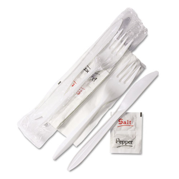 Wrapolypropyleneed Cutlery Kit, 6 1/4", Fork/knife/napkin/salt/pepolypropyleneer, White, 500/carton