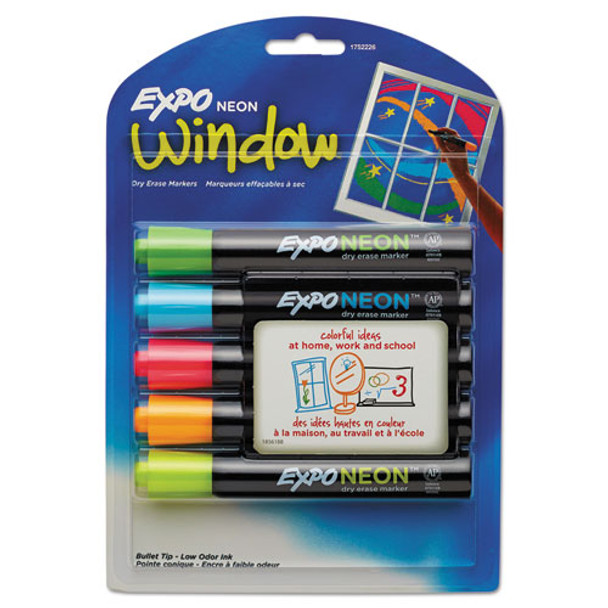 Neon Windows Dry Erase Marker, Broad Bullet Tip, Assorted Colors, 5/pack