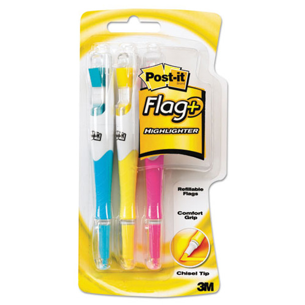 Flag + Highlighter, Chisel Tip, Assorted Colors, 3/pack