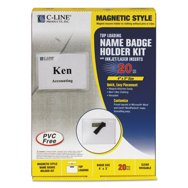 Magnetic Name Badge Holder Kit, Horizontal, 4w X 3h, Clear, 20/box