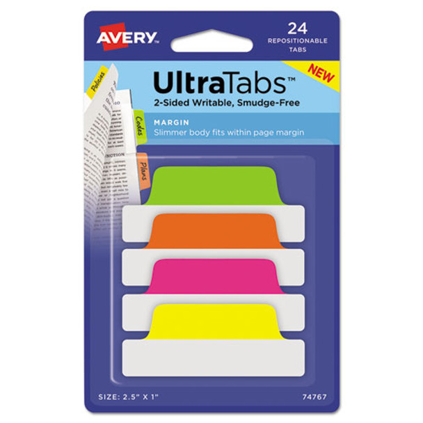 Ultra Tabs Repositionable Margin Tabs, 1/5-cut Tabs, Assorted Neon, 2.5" Wide, 24/pack