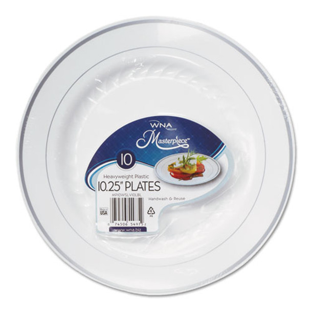 Masterpiece Plastic Plates, 10.25 In, White W/silver Accents, Round, 120/carton