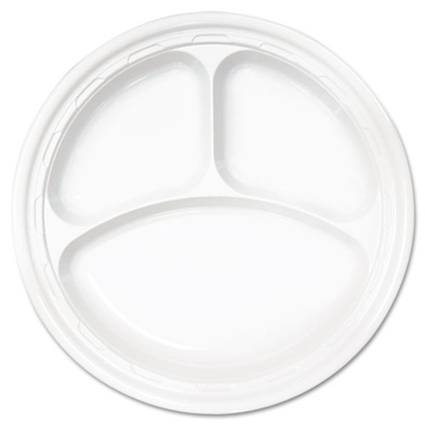 Famous Service Plastic Dinnerware, Plate, 3-comp, 10 1/4" Dia, White, 500/carton