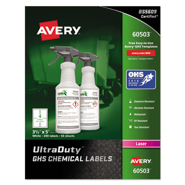 Ultraduty Ghs Chemical Waterproof And Uv Resistant Labels, 3.5 X 5, White, 4/sheet, 50 Sheets/box