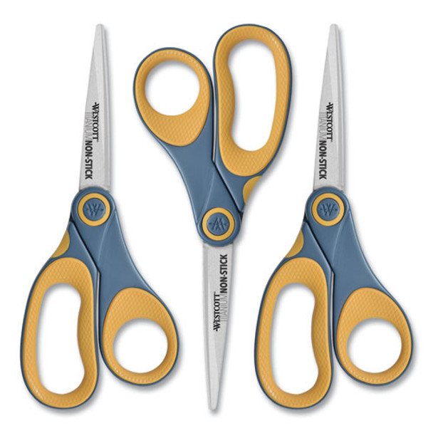 Non-stick Titanium Bonded Scissors, 8" Long, 3.25" Cut Length, Gray/yellow Straight Handles, 3/pack