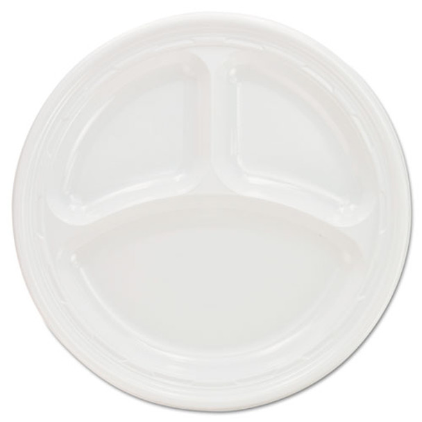 Plastic Plates, 9 Inches, White, 3 Compartments, Round, 125/pack