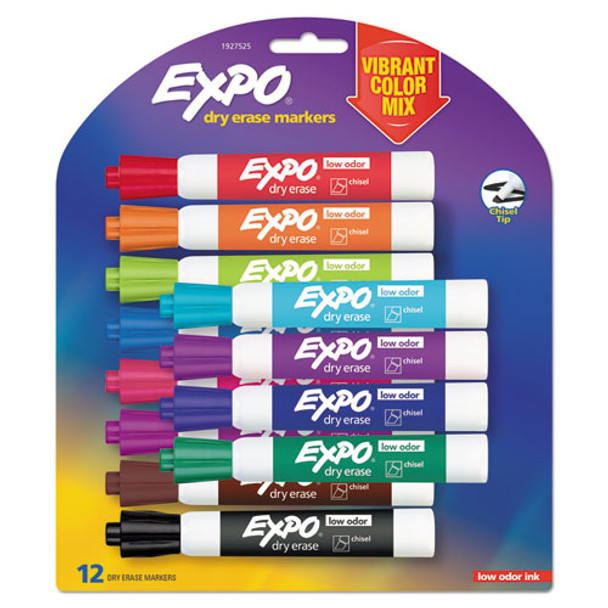 Low Odor Dry Erase Vibrant Color Markers, Broad Chisel Tip, Assorted Colors, 12/set