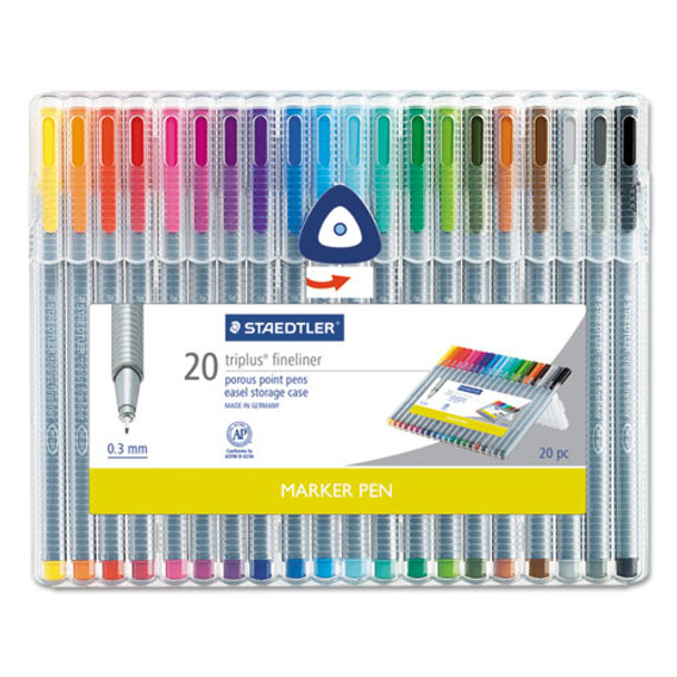 Triplus Fineliner Stick Porous Point Pen, Extra-fine Needle Tip, 0.3mm, Assorted Ink, Silver Barrel, 20/set