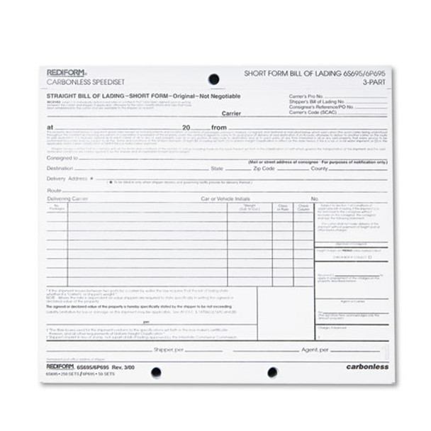 Bill Of Lading, Short Form, 7 X 8 1/2, Three-part, 50 Loose Form Sets/pack