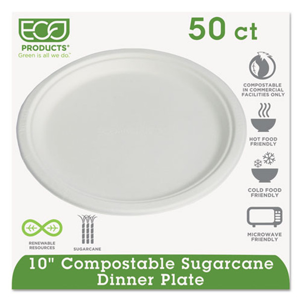 Compostable Sugarcane Dinnerware, 10" Plate, Natural White, 50/pack