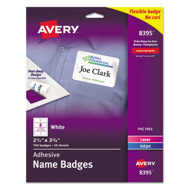 Flexible Adhesive Name Badge Labels, 3.38 X 2.33, White, 160/pack