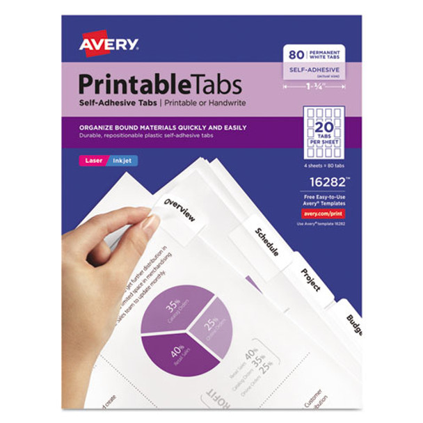 Printable Plastic Tabs With Repositionable Adhesive, 1/5-cut Tabs, White, 1.75" Wide, 80/pack