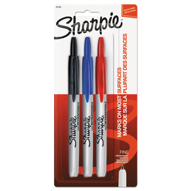 Retractable Permanent Marker, Fine Bullet Tip, Assorted Colors, 3/set