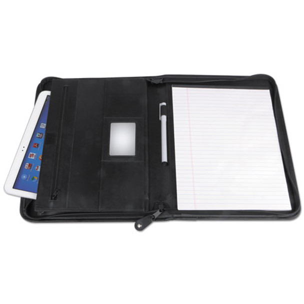 Leather Textured Zippered Padfolio With Tablet Pocket, 10 3/4 X 13 1/8, Black