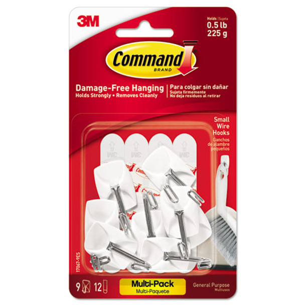 General Purpose Wire Hooks Multi-pack, Small, 0.5 Lb Cap, White, 9 Hooks And 12 Strips/pack