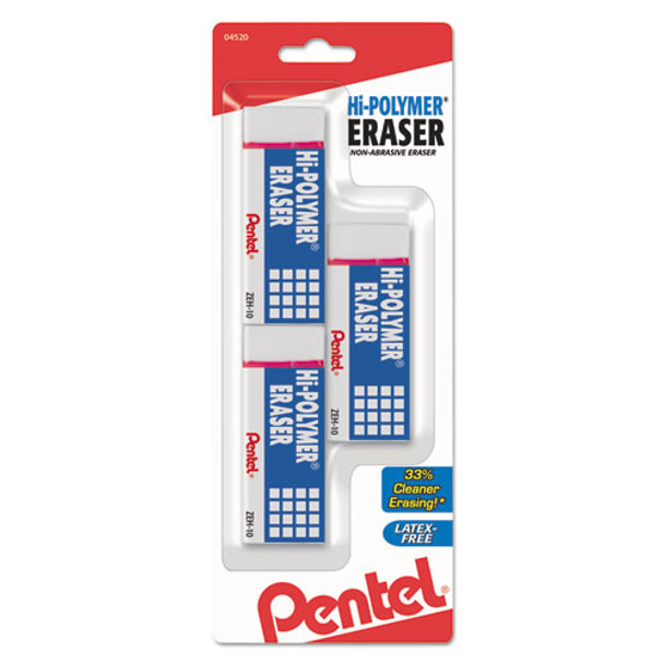 Hi-polymer Eraser, Rectangular, Medium, White, Latex-free Hi-polymer, 3/pack