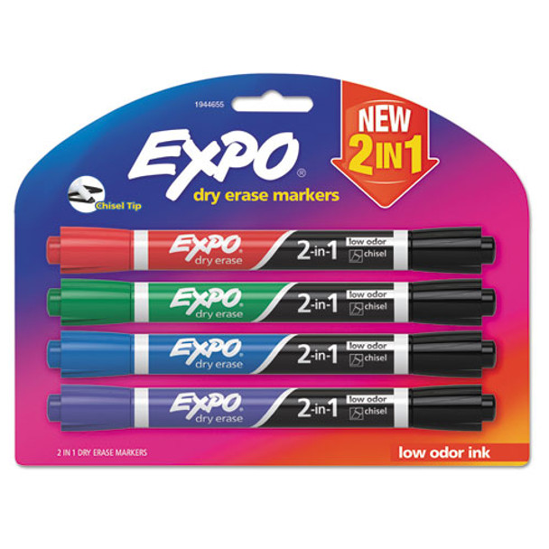 2-in-1 Dry Erase Markers, Broad/fine Chisel Tip, Assorted Colors, 4/pack - DSAN1944655