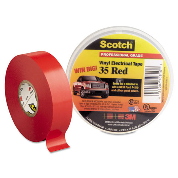 Scotch 35 Vinyl Electrical Color Coding Tape, 3" Core, 0.75" X 66 Ft, Red