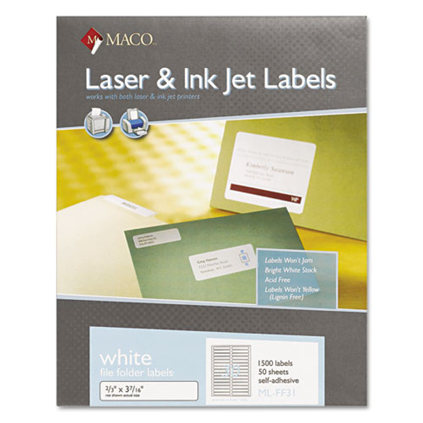 Laser/inkjet White File Folder Labels, 0.66 X 3.44, White, 30/sheet, 50 Sheets/box