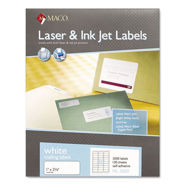 White Laser/inkjet Shipping And Address Labels, Inkjet/laser Printers, 1 X 2.63, White, 30/sheet, 100 Sheets/box