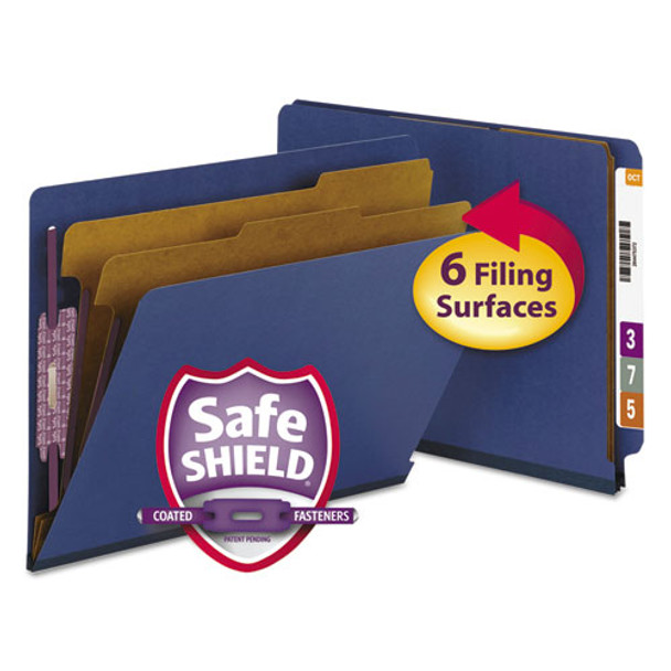 End Tab Pressboard Classification Folders With Safeshield Fasteners, 2 Dividers, Letter Size, Dark Blue, 10/box