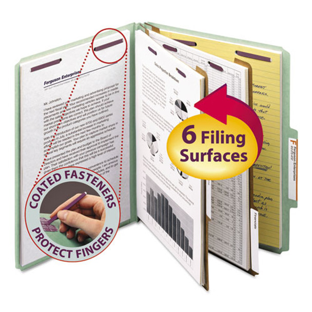 Pressboard Classification Folders With Safeshield Coated Fasteners, 2/5 Cut, 2 Dividers, Letter Size, Gray-green, 10/box