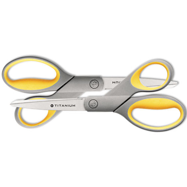 Titanium Bonded Scissors, 8" Long, 3.5" Cut Length, Gray/yellow Straight Handles, 2/pack