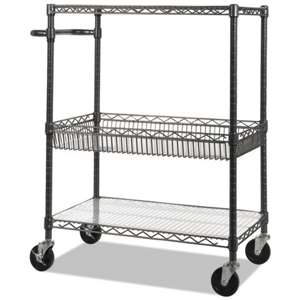 Three-tier Wire Cart With Basket, 34w X 18d X 40h, Black Anthracite