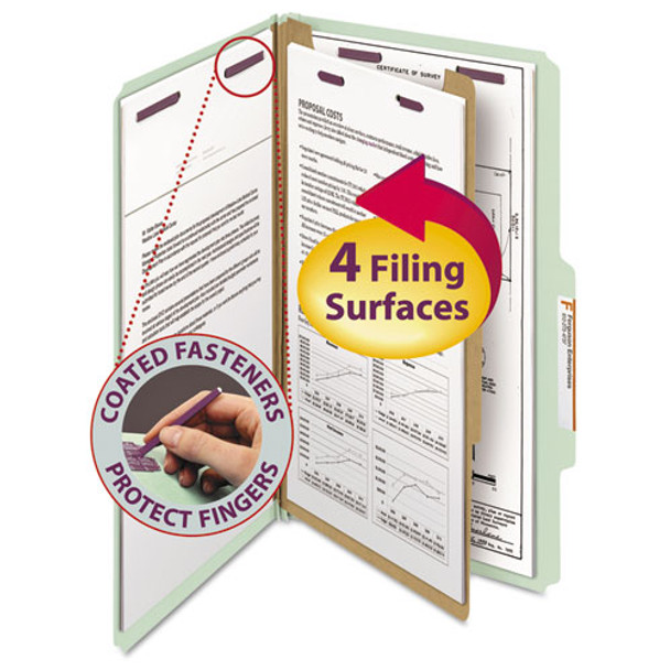 Pressboard Classification Folders With Safeshield Coated Fasteners, 2/5 Cut, 1 Divider, Legal Size, Gray-green, 10/box