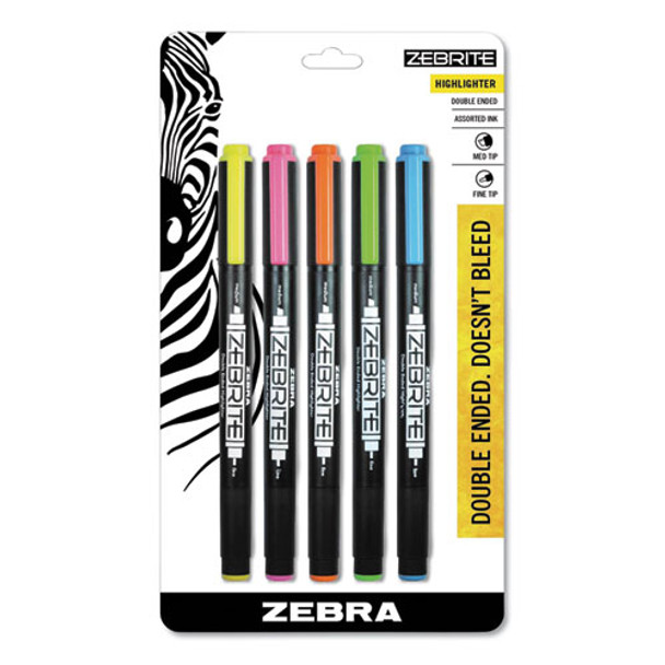 Zebrite Eco Double-ended Highlighter, Chisel/bullet Tip, Assorted Colors, 5/set