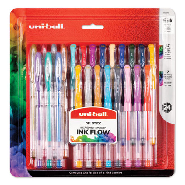 Stick Gel Pen, 17 Micro; 7 Med, Assorted Ink, Clear Barrel, 24/set