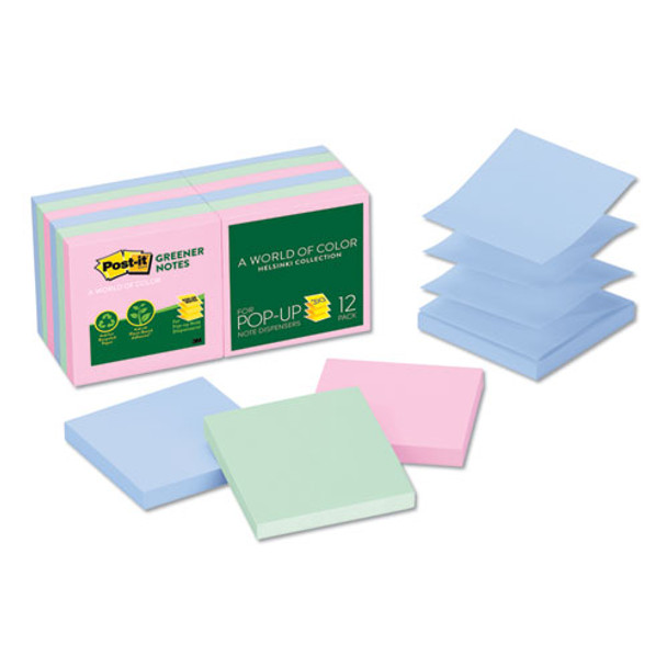 Recycled Pop-up Notes, 3 X 3, Assorted Helsinki Colors, 100-sheet, 12/pack