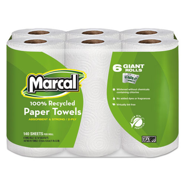 100% Recycled Roll Towels, 2-ply, 5 1/2 X 11, 140/roll, 6 Rolls/pack