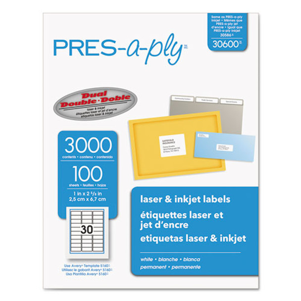 Labels, Laser Printers, 1 X 2.63, White, 30/sheet, 100 Sheets/box