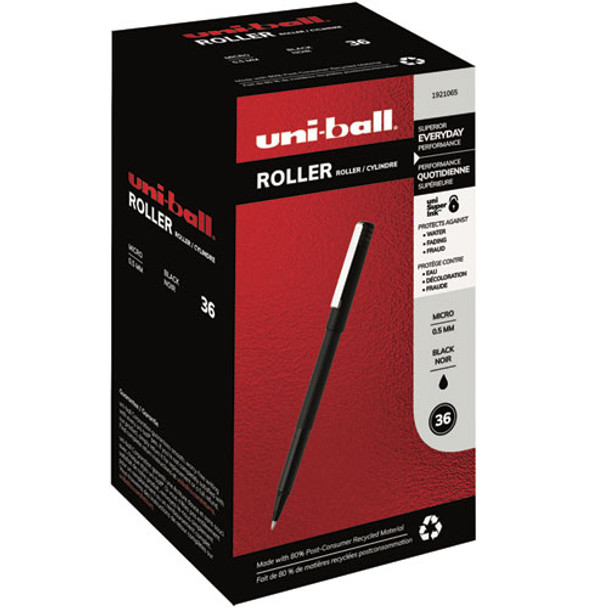 Stick Roller Ball Pen, Micro 0.5mm, Black Ink, Black Matte Barrel, 36/pack