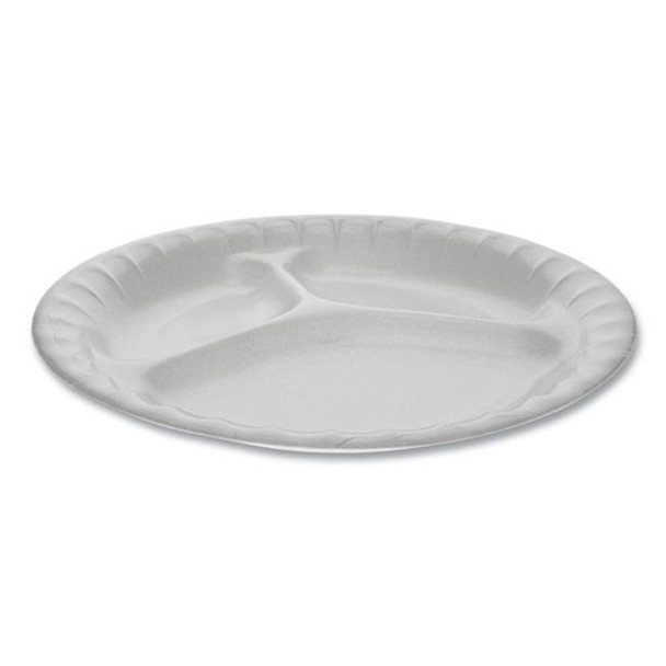 Laminated Foam Dinnerware, 3-compartment Plate, 8.88" Diameter, White, 500/carton