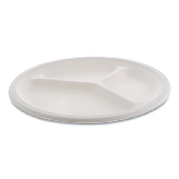 Earthchoice Compostable Fiber-blend Bagasse Dinnerware, 3-compartment Plate, 10" Diameter, Natural, 500/carton