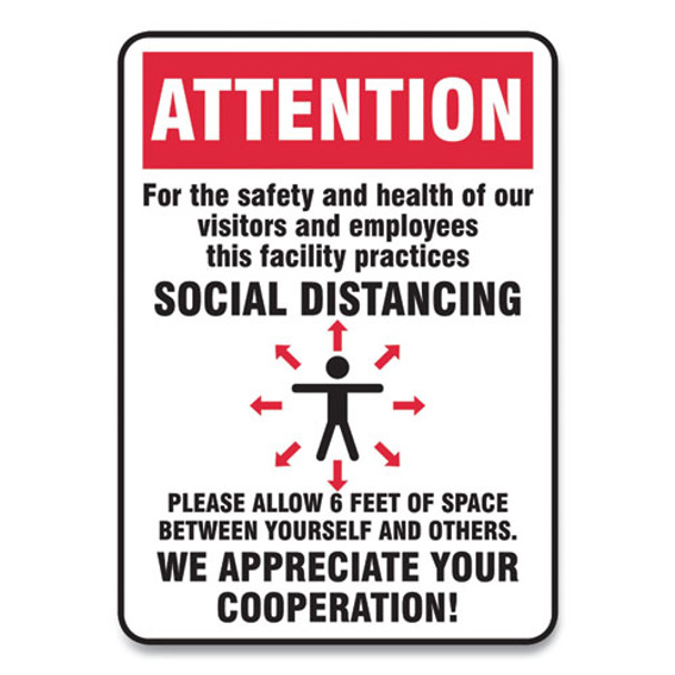 Social Distance Signs, Wall, 14 X 10, Visitors And Employees Distancing, Humans/arrows, Red/white, 10/pack
