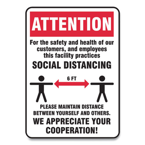 Social Distance Signs, Wall, 14 X 10, Customers And Employees Distancing, Humans/arrows, Red/white, 10/pack