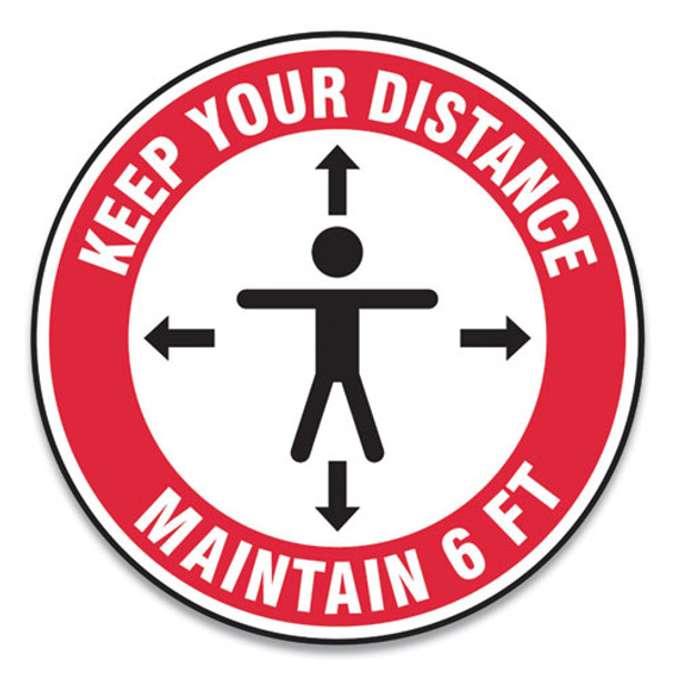 Slip-gard Social Distance Floor Signs, 12" Circle, "keep Your Distance Maintain 6 Ft", Human/arrows, Red/white, 25/pack