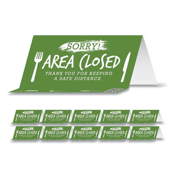 Besafe Messaging Table Top Tent Card, 8 X 3.87, Sorry! Area Closed Thank You For Keeping A Safe Distance, Green, 10/pack