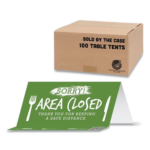 Besafe Messaging Table Top Tent Card, 8 X 3.87, Sorry! Area Closed Thank You For Keeping A Safe Distance, Green, 100/carton