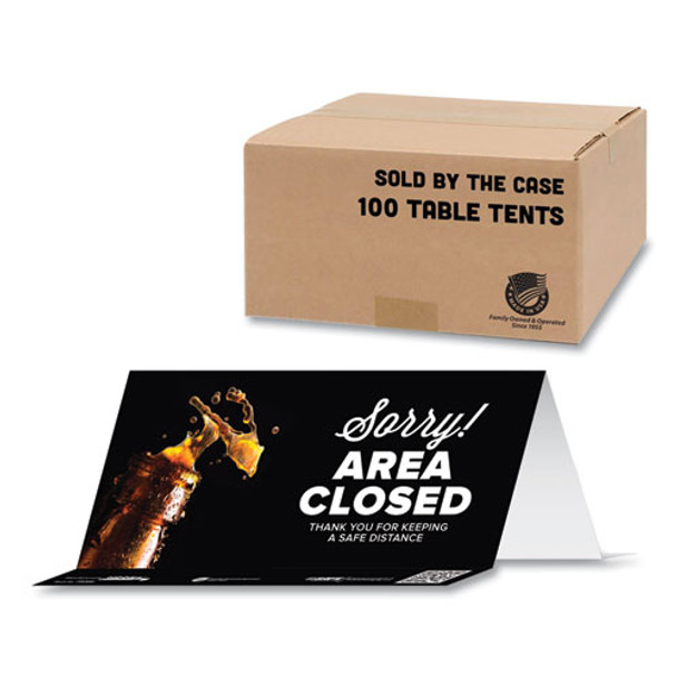 Besafe Messaging Table Top Tent Card, 8 X 3.87, Sorry! Area Closed Thank You For Keeping A Safe Distance, Black, 100/carton