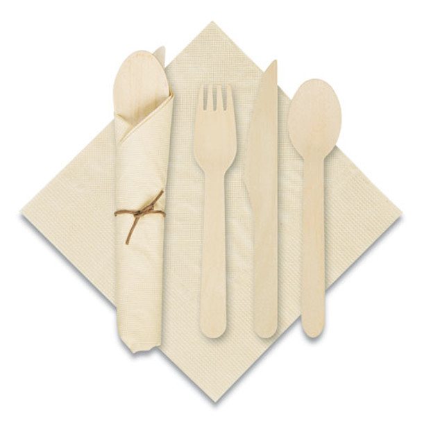 Pre-rolled Caterwrap Kraft Napkins With Wood Cutlery, 6 X 12 Napkin;fork;knife;spoon, 7" To 9", Kraft, 100/carton