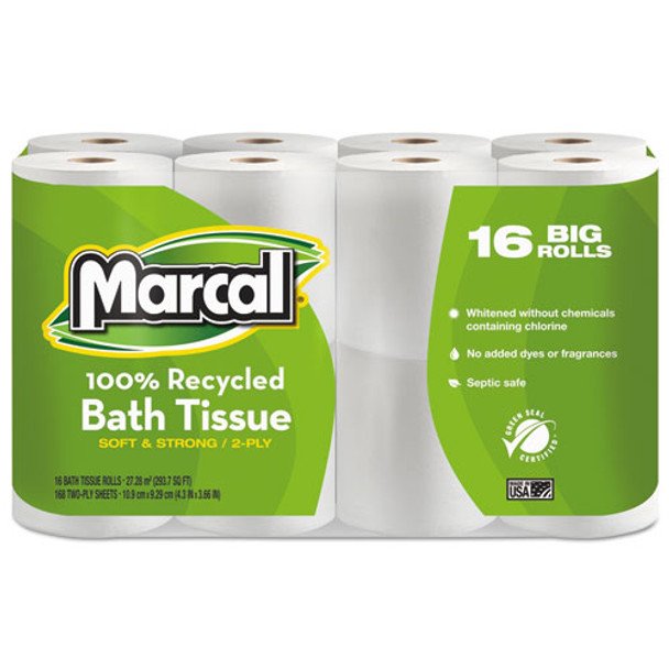 100% Recycled Two-ply Bath Tissue, Septic Safe, 2-ply, White, 168 Sheets/roll, 16 Rolls/pack